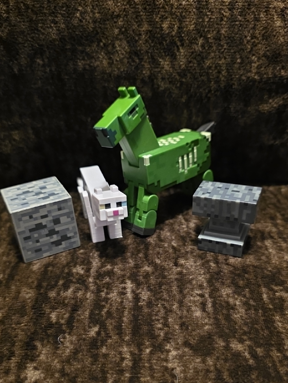 Minecraft Green Zombie Horse and White Cat. Block-Style Action Figures